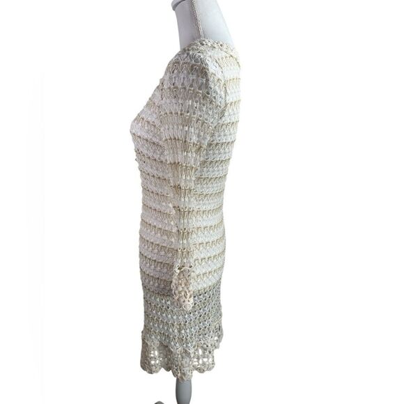 Solitaire Swim Coverup Size M Ivory Tan Gold Crocheted Long Sleeve Dress Beach - Picture 7 of 11